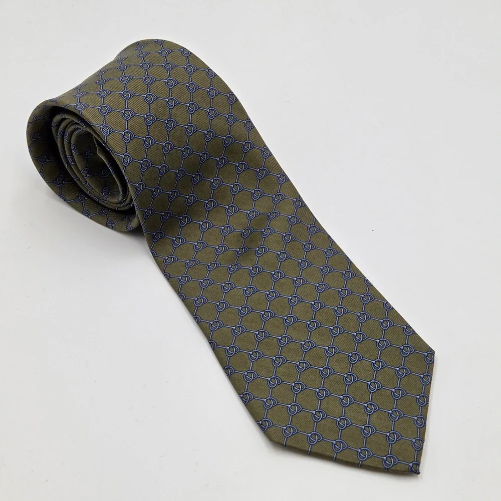 Brooks Brothers Green Silk Tie Geometric Knots Pattern USA Made Mens Necktie